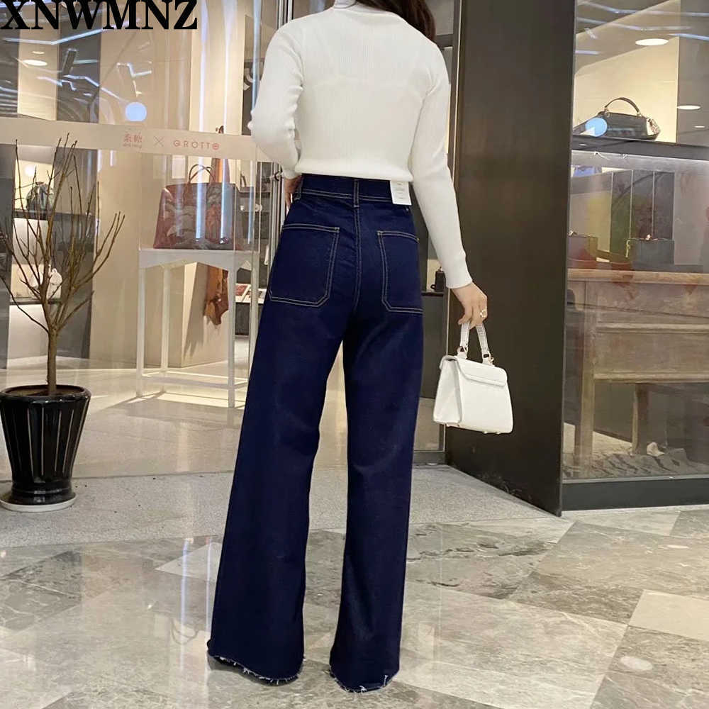 XNWMNZ Za women Fashion premium patch pocket marine straight jeans ladies Vintage High-waist Female trousers girls pants 210809