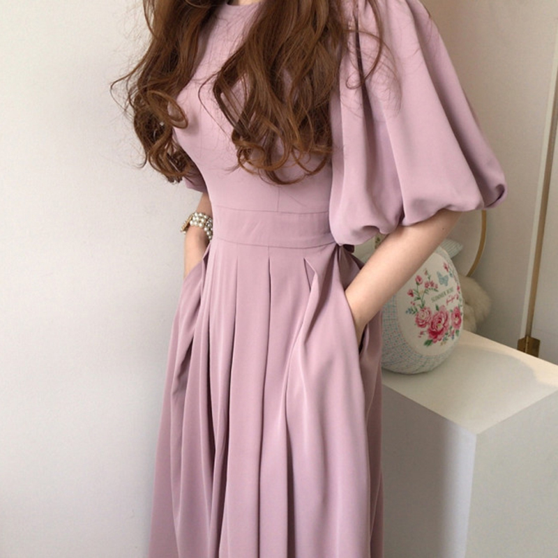 Women Elegant pleated Dress Fashion High Waist Slim Ladies lantern sleeves Chic party Dresses Vestido 210519