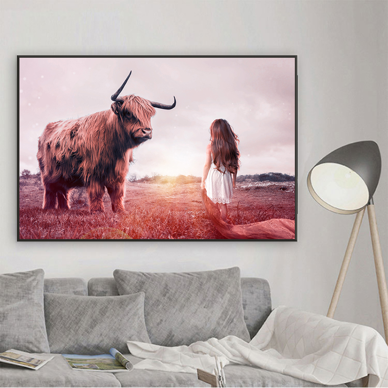 Girl and Cow Print Canvas Painting Wild Animals Wall Art Pictures For Living Room Cuadros Scandinavian Decor Posters and Prints