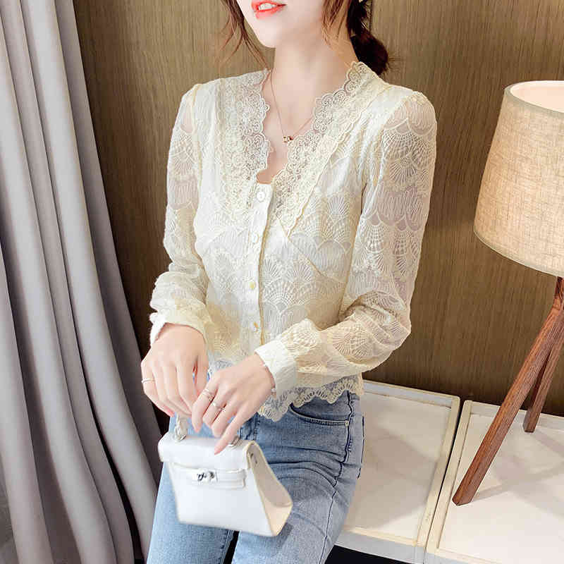 korean fashion clothing Korean version Hollow Flowers Long Sleeve Women Shirt V-Neck Lace Blouse Woman Tops 125 210420