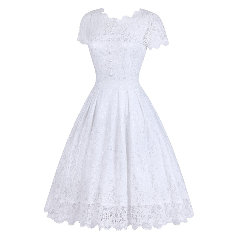 MISSJOY Vestido de festa Dress Button Backless Women Vintage Rockabilly Swing Elegant Bridesmaid A-Line Party White Lace Dress 210331Z
