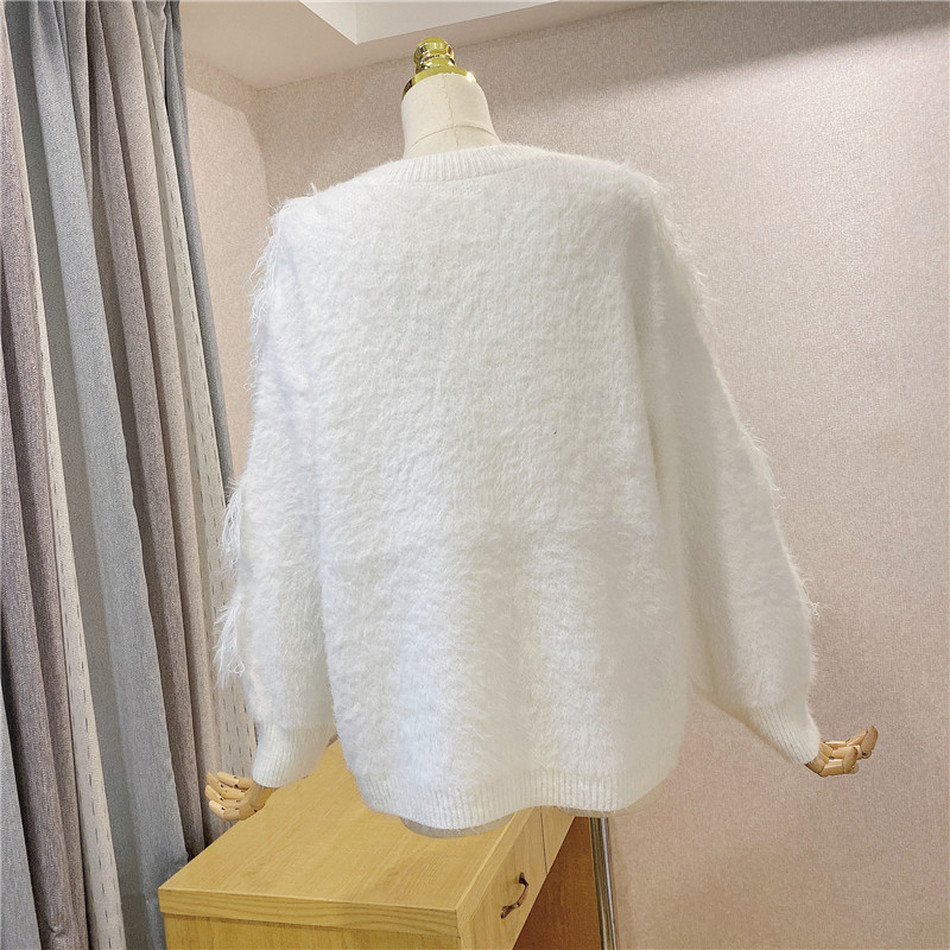 Winter High-Quality Heavy Industry Beads Stitching Ostrich Feather Slim Coat Ladies Round Neck Casual Jacket 210525