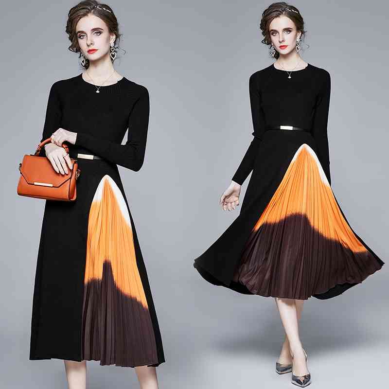 Catwalk Fashion Retro Knitting Long Sleeve Loose Splicing Gradients Pleated skirt length Dress Spring Fall Women 210506