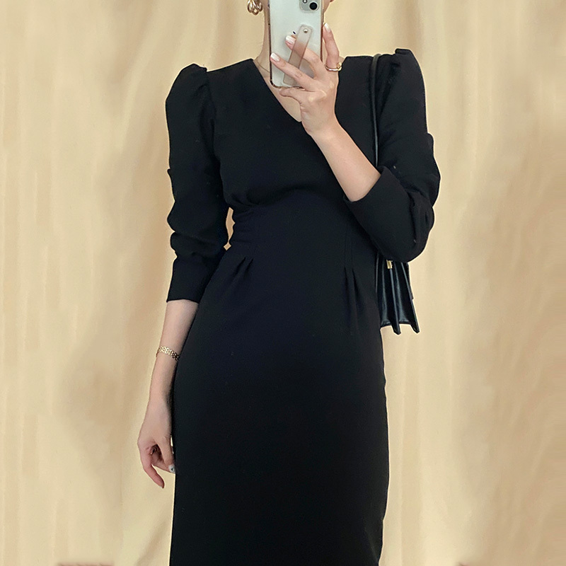Fashion V-neck High Waist Women Dress Vintage Puff Sleeve Pleated Pencil Dresses Female Korean Chic Long Vestido De Mujer 210519