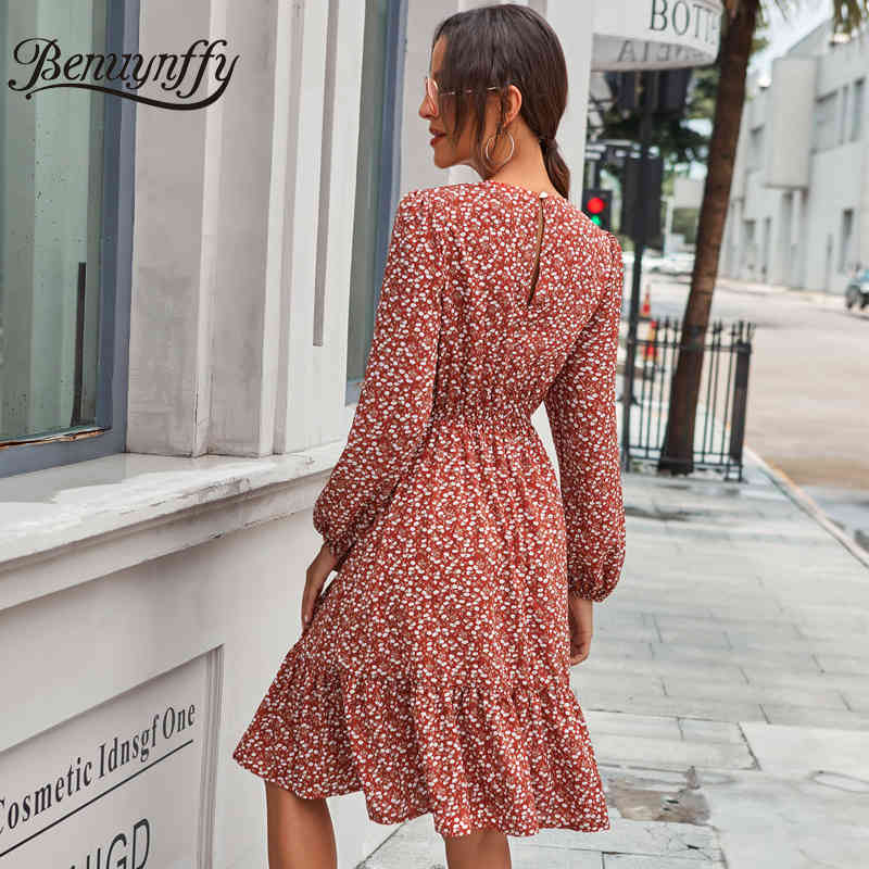 Round Neck Keyhole Back Ruffle Hem Dress Women Floral Print High Waist Long Sleeve Holiday Elegant Knee Length 210510