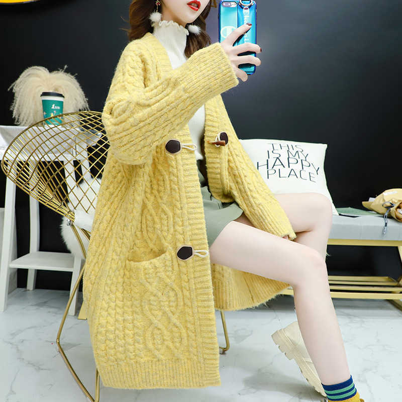 Fall Winter Cardigan Women Single Breasted Pocket Oversize Sweater Lady V-Neck Twist Knitted Loose Casual Femme 210604