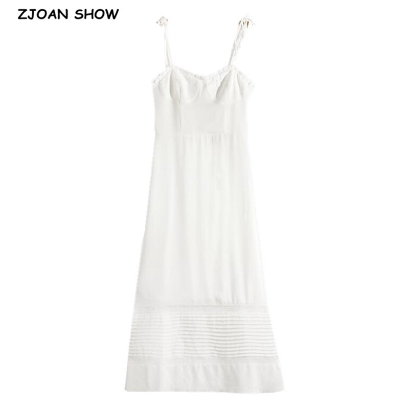 Vintage France Wood ears V neck Solid White Spaghetti Strap Midi Dress Sexy Women Spliced Lace Elastic Back Sling Tea Dresses 210429