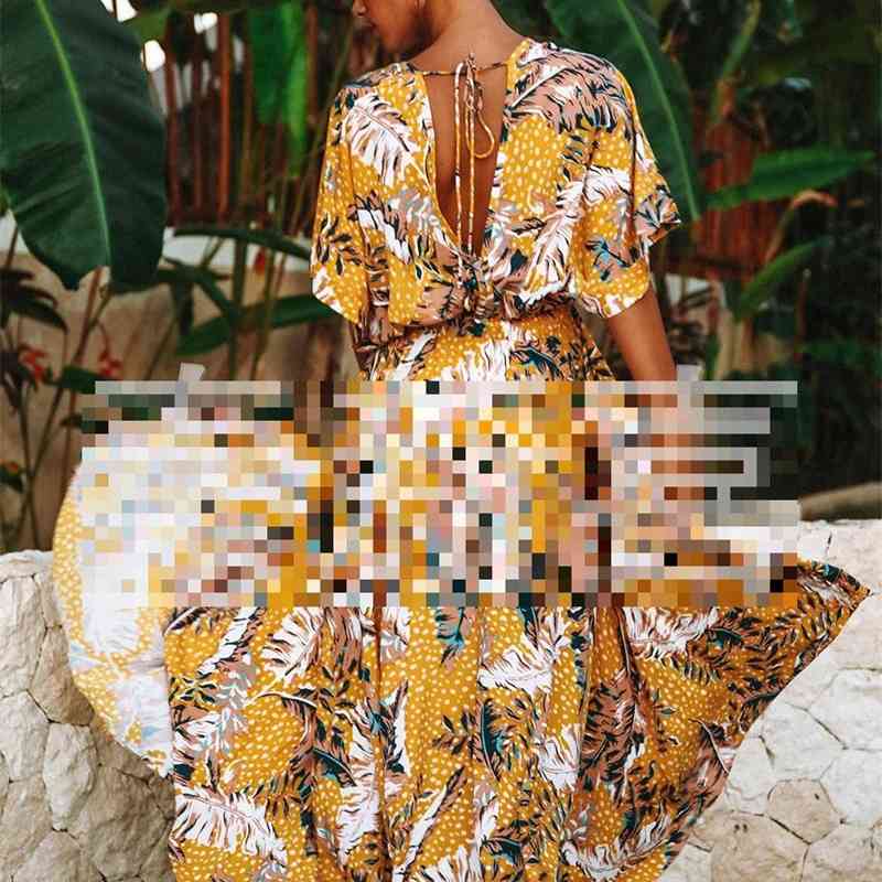 Women Dress Deep V Neck Short Sleeve Printed Bohemia es Sexy Long Print Floral Maxi Summer Beach es 210524