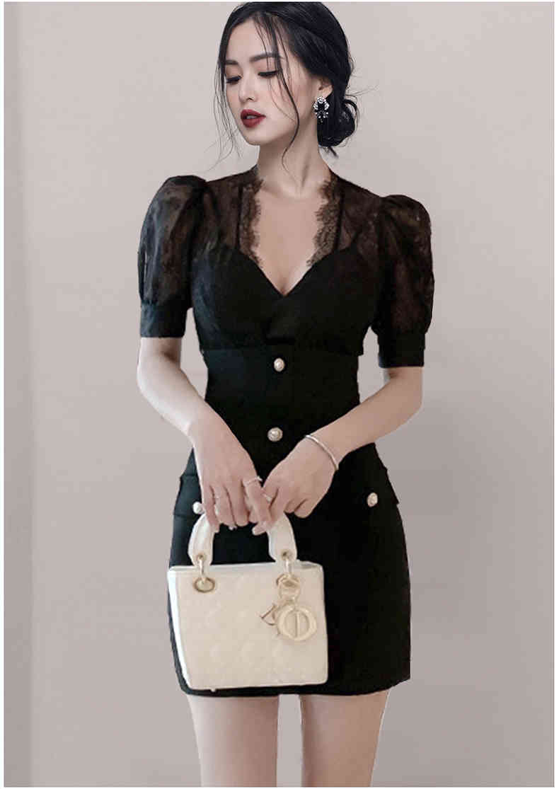 Korea Chic Sexy See Through Lace Patchwork V-Neck Puff Sleeve Bodycon Dress Elegant Office OL Sheath Vestidos 210519