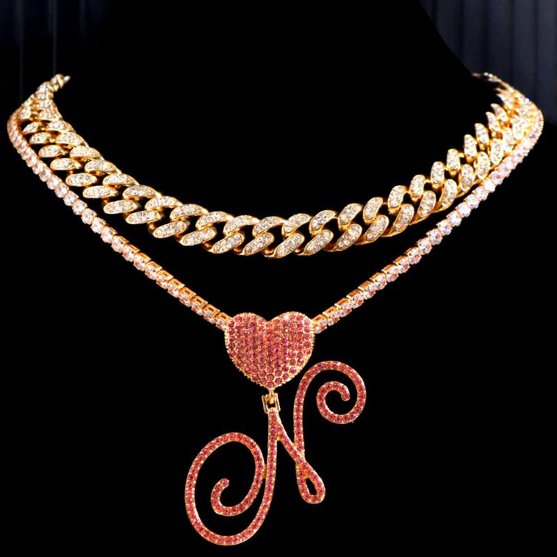 Chains Pink Hip Hop Men Women 26 Cursive Letter Initials Heart Pendant Necklaces Iced Out Cuban CZ Rope Chain Stainless Steel Jewelry 
Chains Pink Hip Hop Men Women 26 Cursive Letter Initials Heart Pendant Necklaces Iced Out Cuban CZ Rope Chain Stainless Steel Jewelry