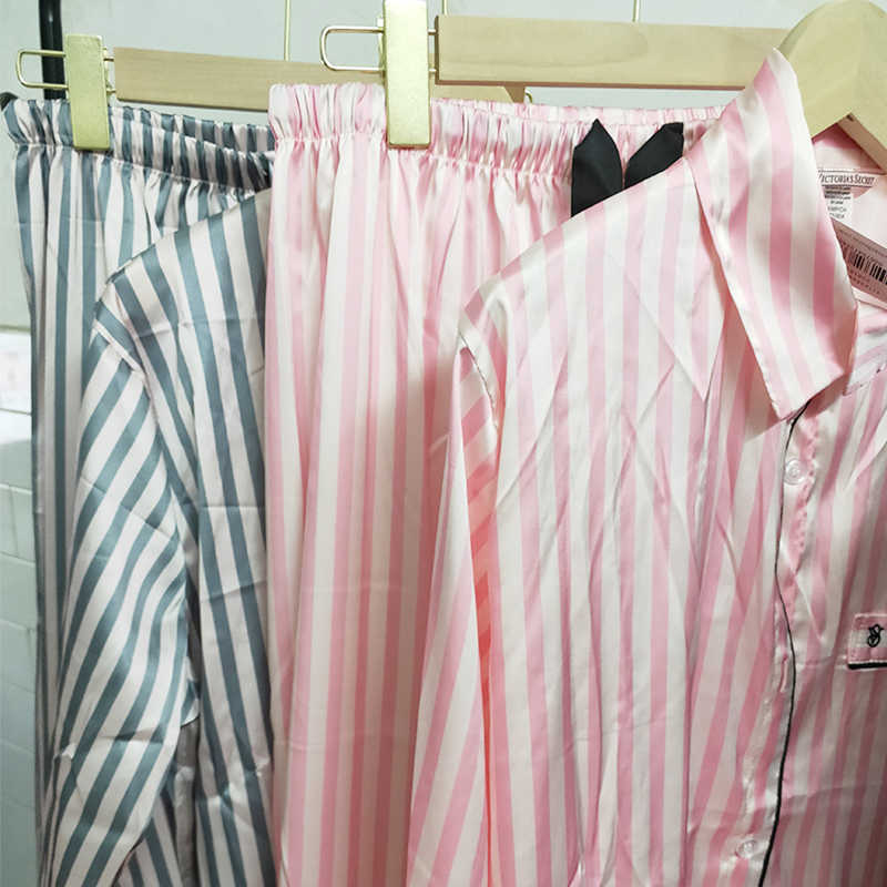 Satin Pajamas for Women Long Sleeved Striped Pjamas Sleepwear 2 Pieces Set Lounge Wear Home Clothes Year Birthday Gift 211007