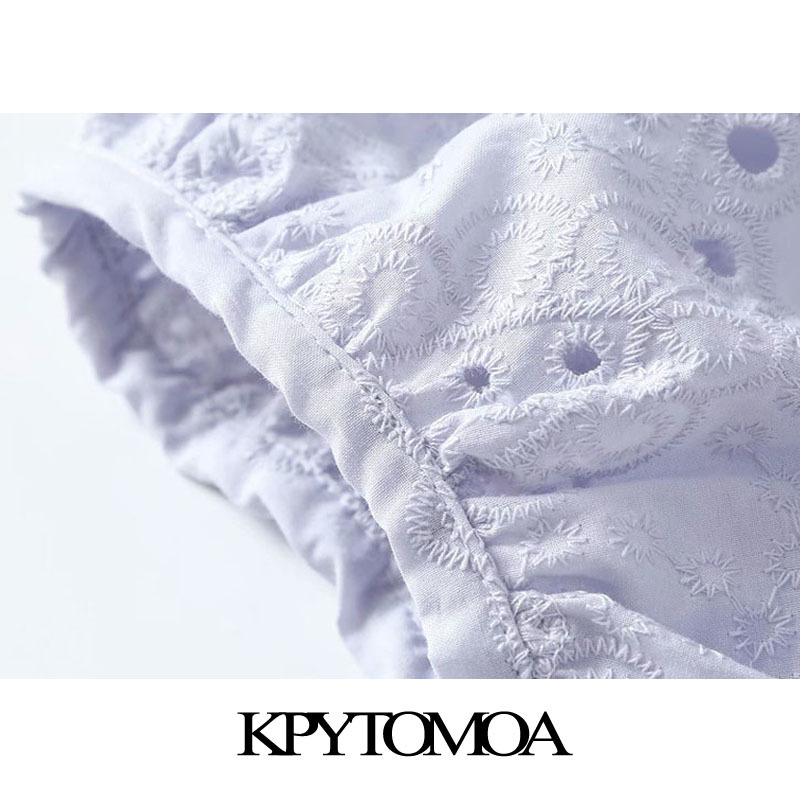 Women Chic Fashion Hollow Out Embroidery Ruffled Midi Dress Lantern Sleeve Side Zipper Female Dresses 210420