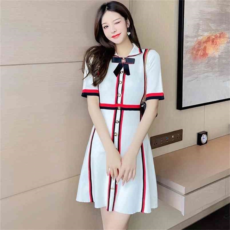 Summer Bow Lapel Long Sleeve Single-Breasted Knitted Dress Vintage Hit color Striped Casual A-Line 210519, Black
Summer Bow Lapel Long Sleeve Single-Breasted Knitted Dress Vintage Hit color Striped Casual A-Line 210519, Black