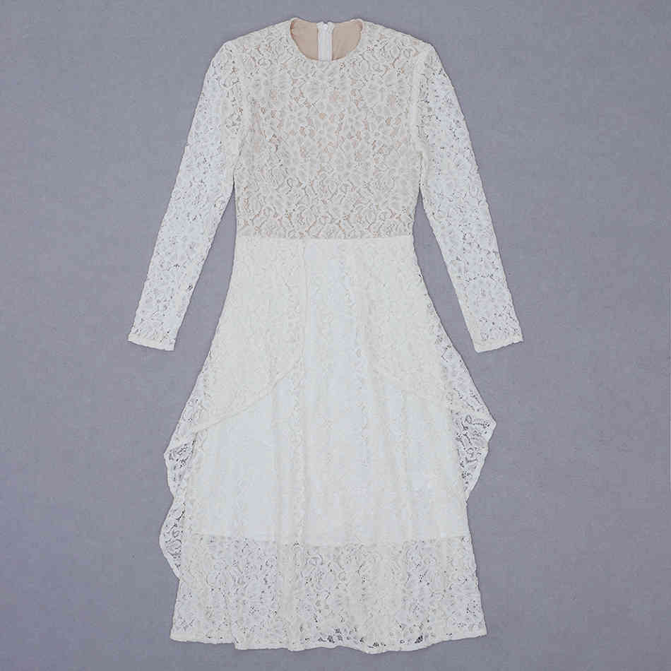 Free Women's White Lace Dress Sexy O-neck Long Sleeve A-line Ruffle Celebrity Club Party Midi Vestidos 210524