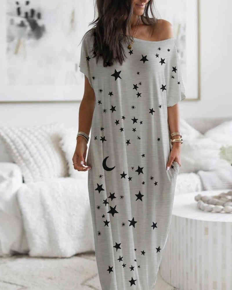 Women Summer Elegant Short Sleeve Stars Print Casual Dress 210415