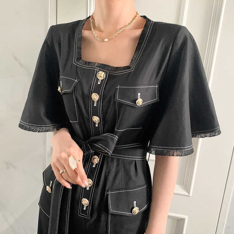 Korejpaa Women Jumpsuits Summer Retro Temperament Square Collar Raw Edge Stitching Lace-Up Waist Flared Sleeve Jumpsuit 210526