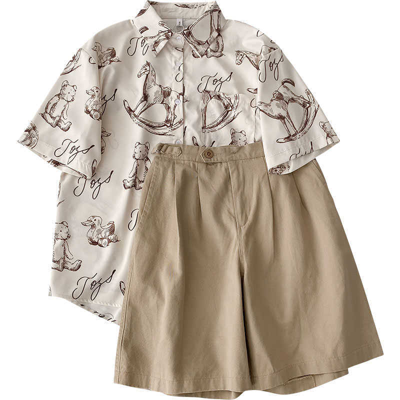 Summer Fashion Short Set Women Casual Sleeve Shirt + High Waist Wide Leg s Matching Twinset 210714