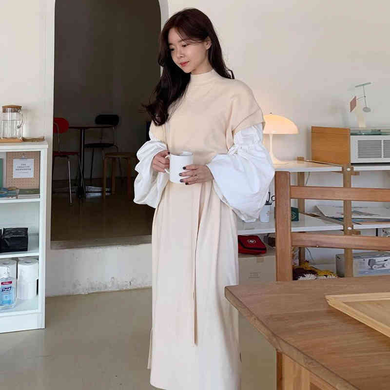 Knitted Sweater Dress Women Loose Long Patchwork Robe Mujer Contrast Color Vintage Korean Dresses Stand Collar Vestidos 210519