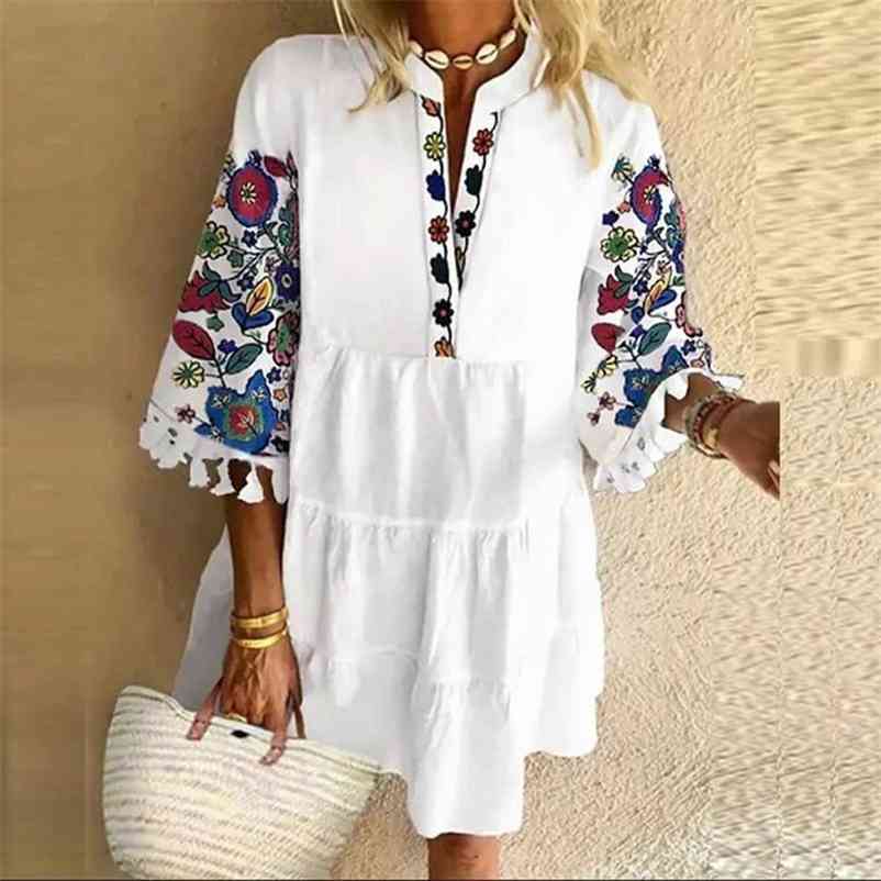 Fashion Tassel Sleeve Women Dress V Neck Lady Patchwork Dress Loose Casual Empire Knee Length Tassel Sleeve Dress 210331Z