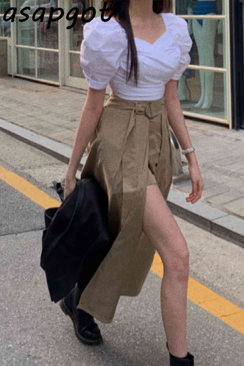 Summer V Neck Puff Short Sleeve White Blouse Tops Shirts High Waist Khaki Irregular Skirt s Streetwear Retro Casual 210429