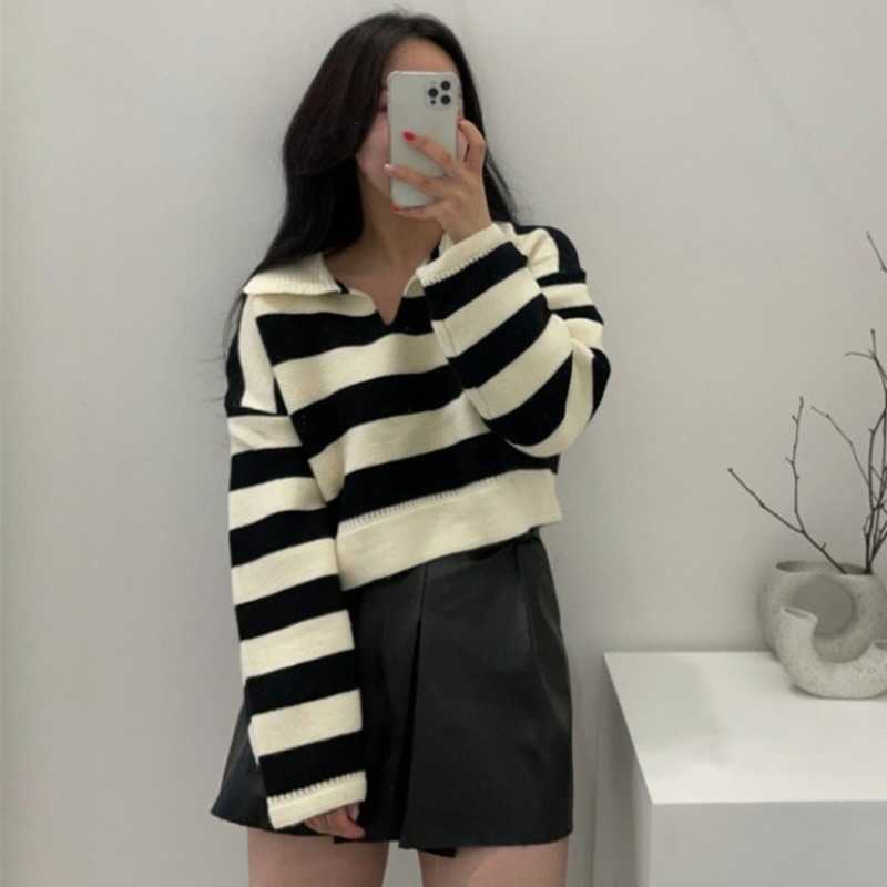 Autumn Turn Down Collar Long Sleeve Knitted Sweater Chic Hit Color Stripe Loose Pullover Tops Korean Fashion Woman Sweaters 211018