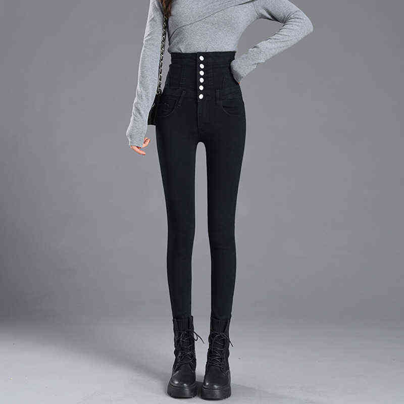 High Waist bow tie abdomen Bottom Jeans Women Buttons Skinny Femme Trousers Slim Streetwear Pencil Denim Pants 211129