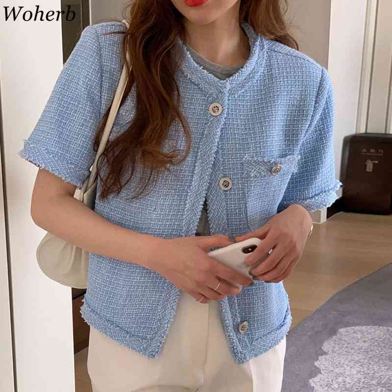 Tweed Korean Vintage Women Coat Summer Short Sleeve O-neck Single Breasted Pockets Ladies Fashion Jacket Tops Femme 210519