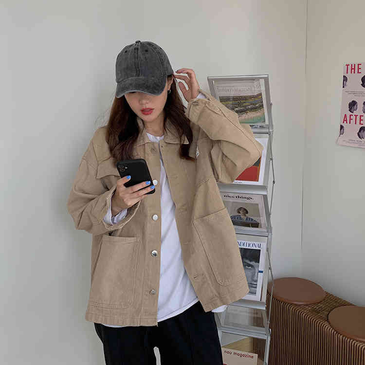 4 color Women's blue Jean Coats autumn Women loose pocket Denim Jacket Long Sleeve Female Girls Outwear coat woman (F7452) 210423
