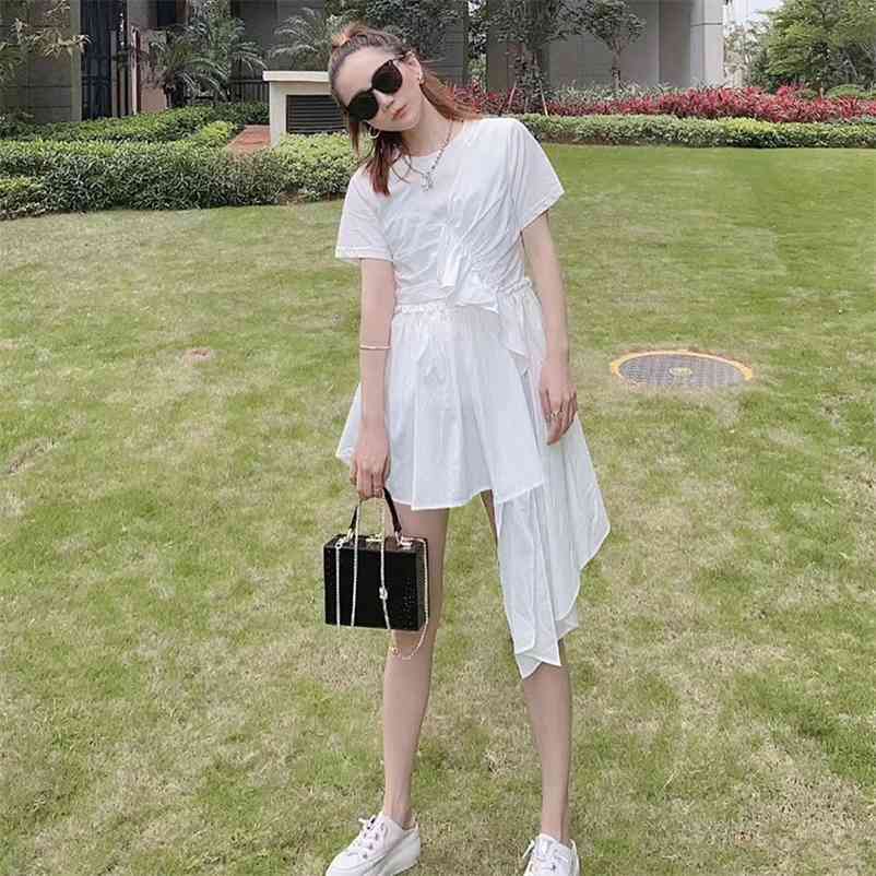 Irregular design hem stitching ruffled T-shirt round neck short sleeves Office Lady Polyester Sheath Short 210603, White
Irregular design hem stitching ruffled T-shirt round neck short sleeves Office Lady Polyester Sheath Short 210603, White