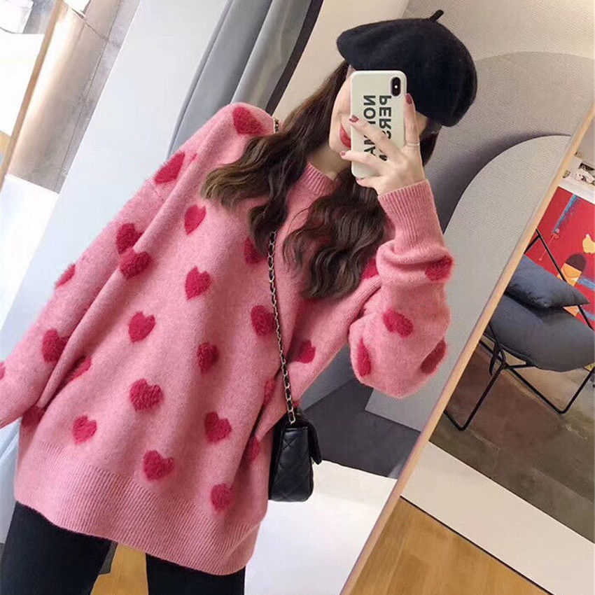 Sweater women's loose jacket fall winter love pullover long sleeve lazy style net red fashion retro knit top sale 211007