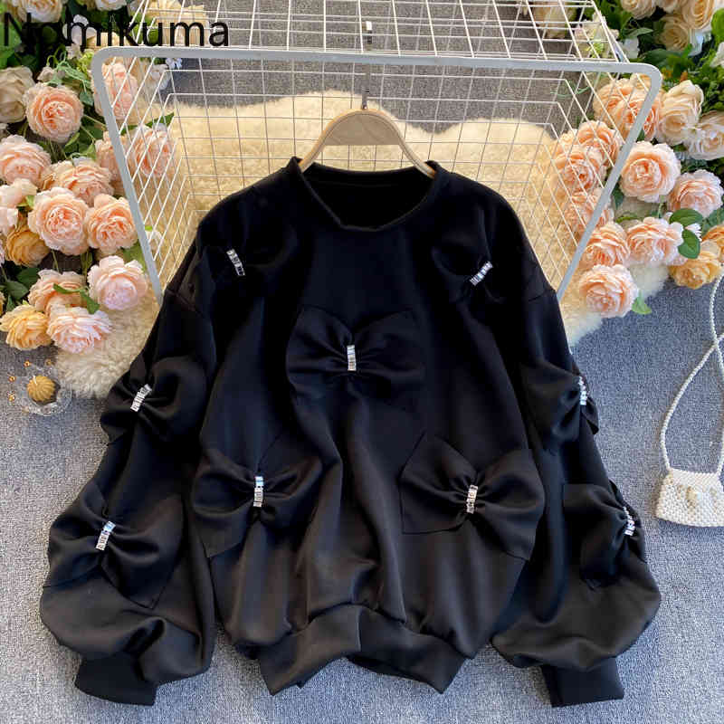 Nomikuma Korean Diamonds Bowknot Pullover Sweatshirt Causal Long Sleeve O-neck Hoodies Spring New Sweet Women Jumper 6E145 210427
