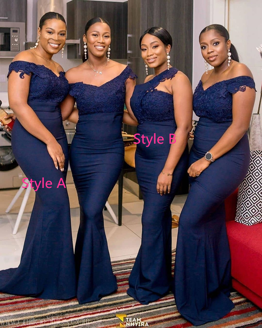 Navy Blue Long Bridesmaid Dresses 2021 V Neck Off The Shoulder Applique Lace Wedding Party Gowns Cheap Women Dress Plus Size