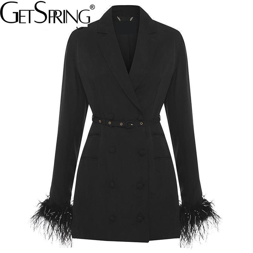 GETSPRING Women Blazer dress elegant Long Black Feather Coats Jacket suit double breasted Bandage outfit Spring autumn 210930