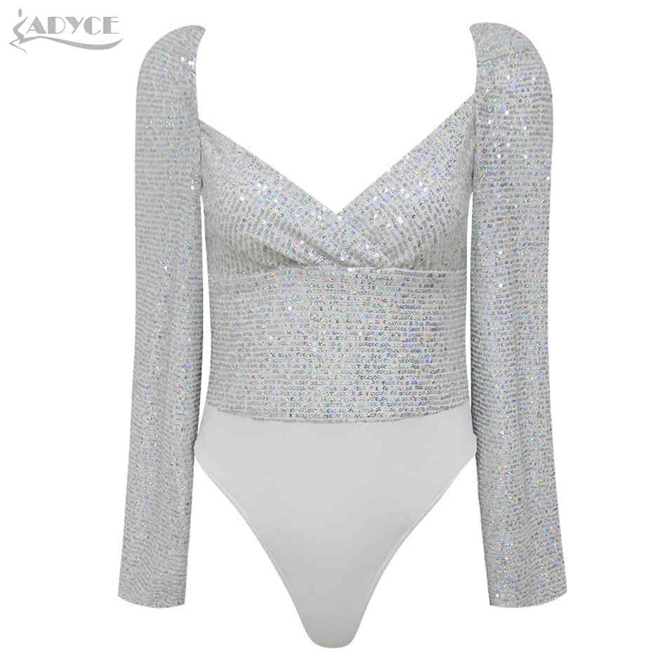 Women Winter Long Sleeve Silver Sequins 2 Two Pieces Sets V Neck Tops& Mini Skirts Club Celebrity Evening Party 210423