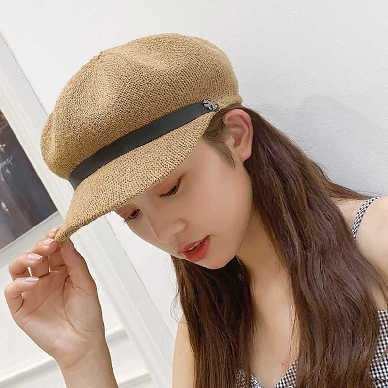 Summer Octagonal Caps Short Brim Newsboy Cap Breathable Straw Hats for Women Belt Buckle Sun Beach Hat Berets Chapeau Homme Bone Q0805