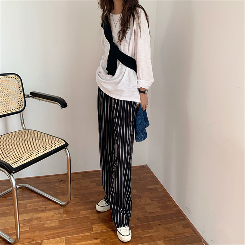 Minimalist Wide Leg Pants Women Bottoms Autumn Spring Stylish Office Lady High Waist Straight Striped Female 210421