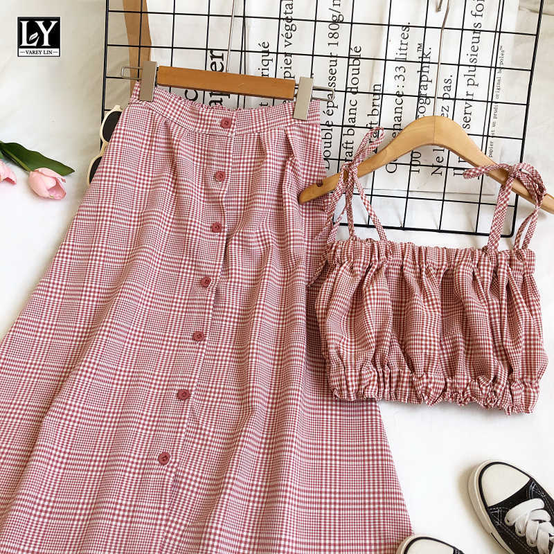 LY VAREY LIN Summer Casual Plaid Two Piece Set Slim Folds Lace-up Breast Wrapping Tops+Single Breasted High Waist Skirts 210526