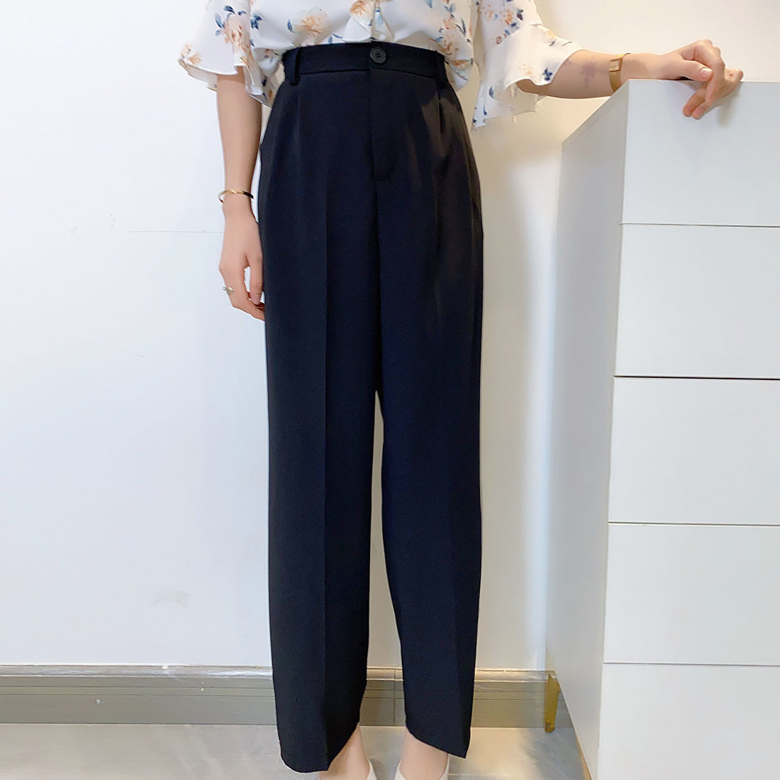 Women Summer Elegant Long Pants Vintage High Waist Wide Leg Casual Korean Loose Straight Trousers Bottoms 210517