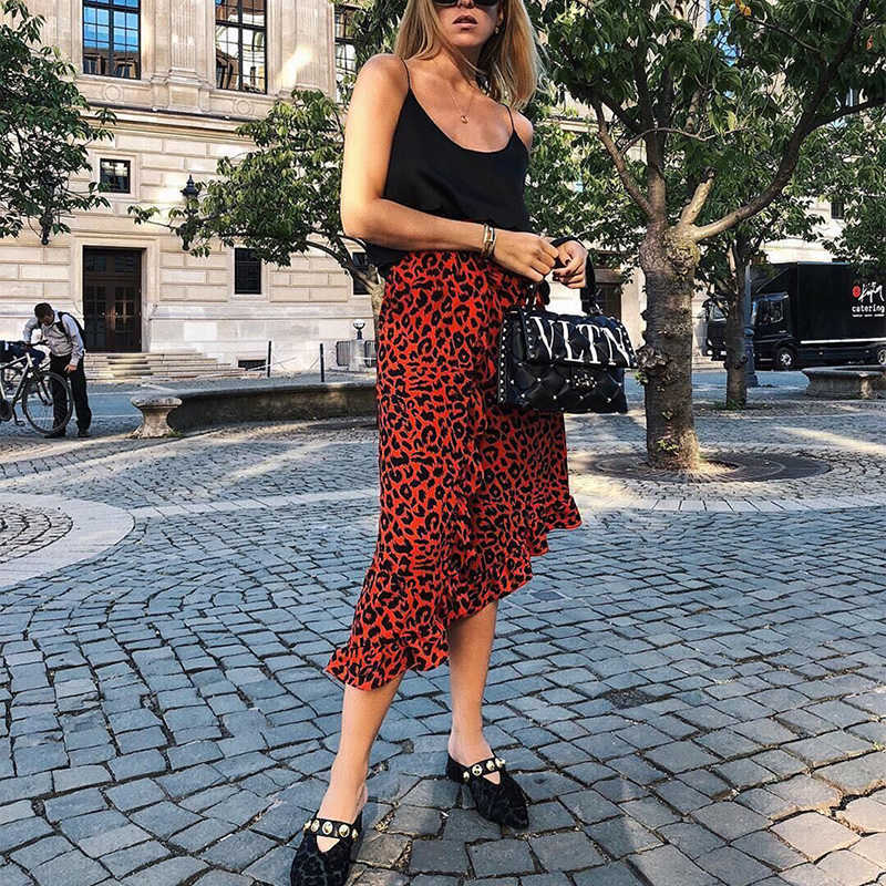 Leopard Long Skirt Women High Waist Midi Female Office Ruffle Animal Print s Womens Summer Red Casual 210607
