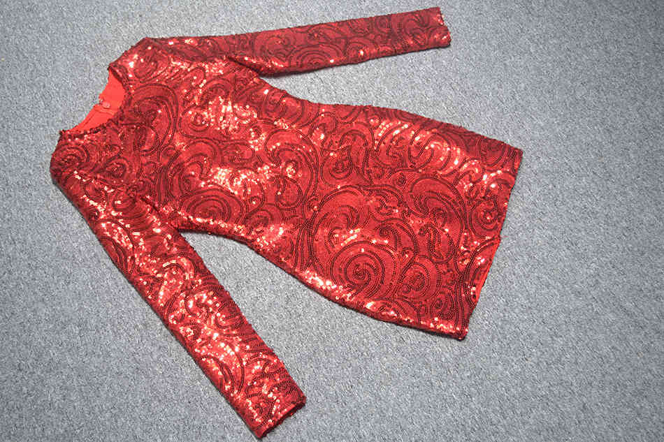 Free Women Red Elegant Sequined Bandage Dress O-Neck Long Sleeve Bodycon Mini Celebrity Club Party 210524