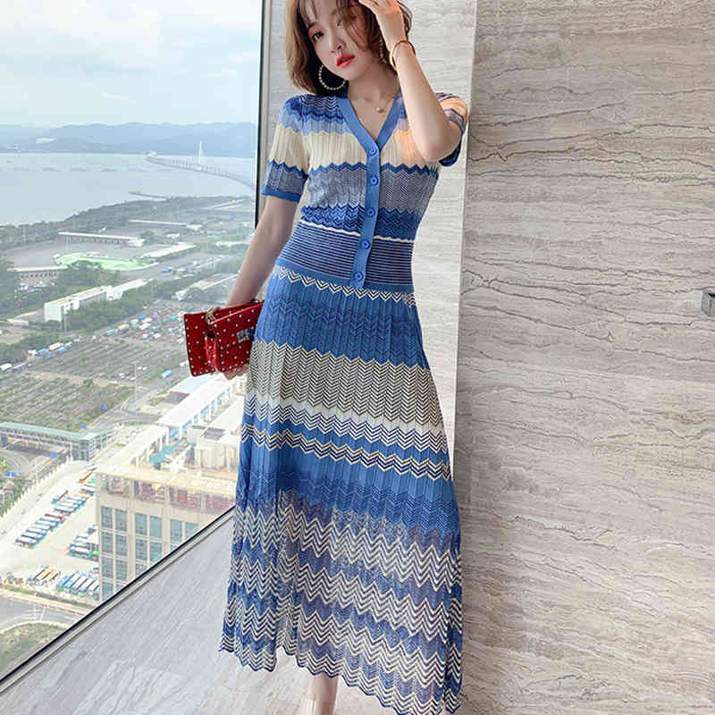 Summer Fashion 2 Piece knit Set Women Short sleeve Elegant Temperament V-neck Tops + Elastic waist Stripe Skirts 210506