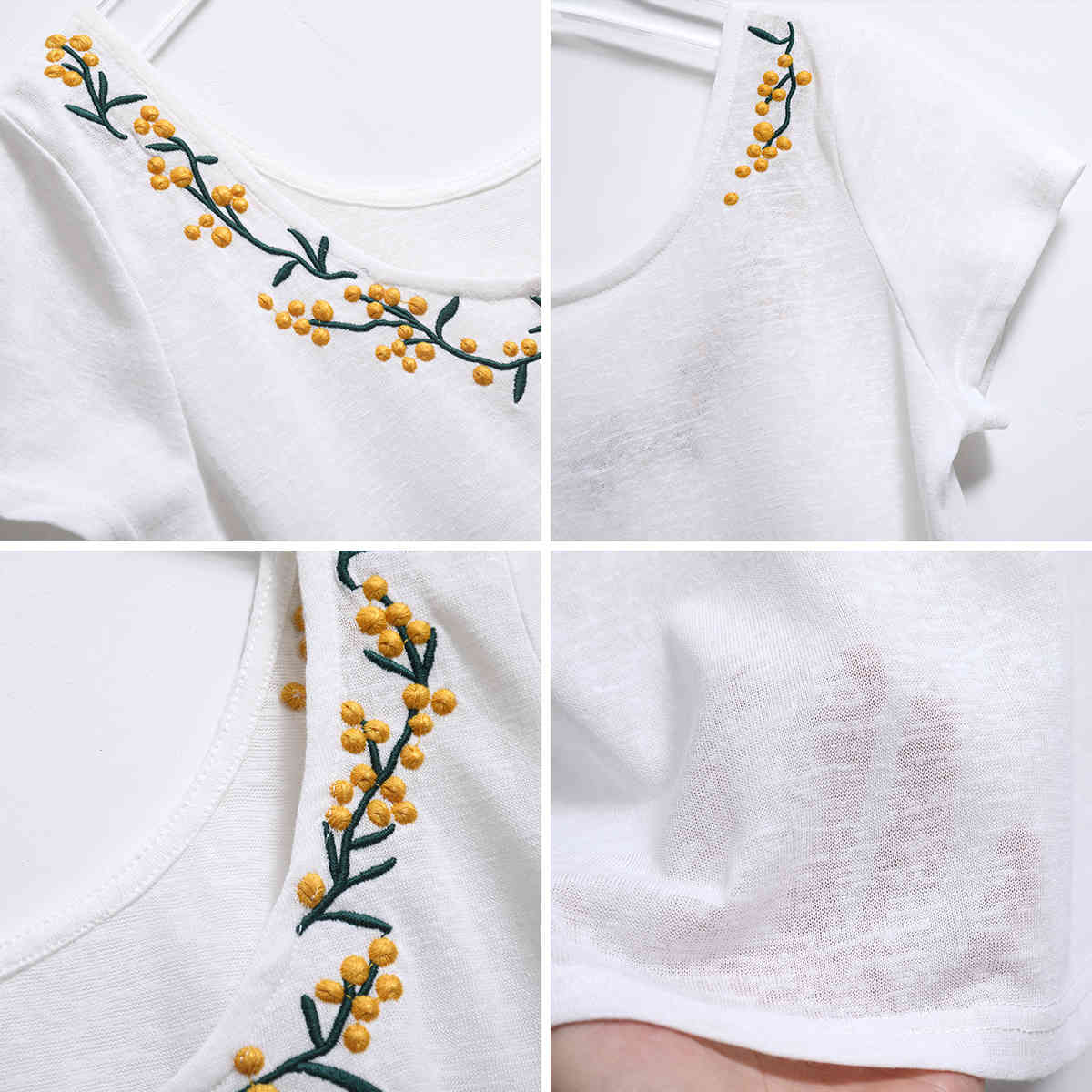 Jastie Short-sleeved Linen T-shirt Floral embroidery Back Chic Women Top Round Neck Pullovers Casual Top Tee Shirt Blusa 210406