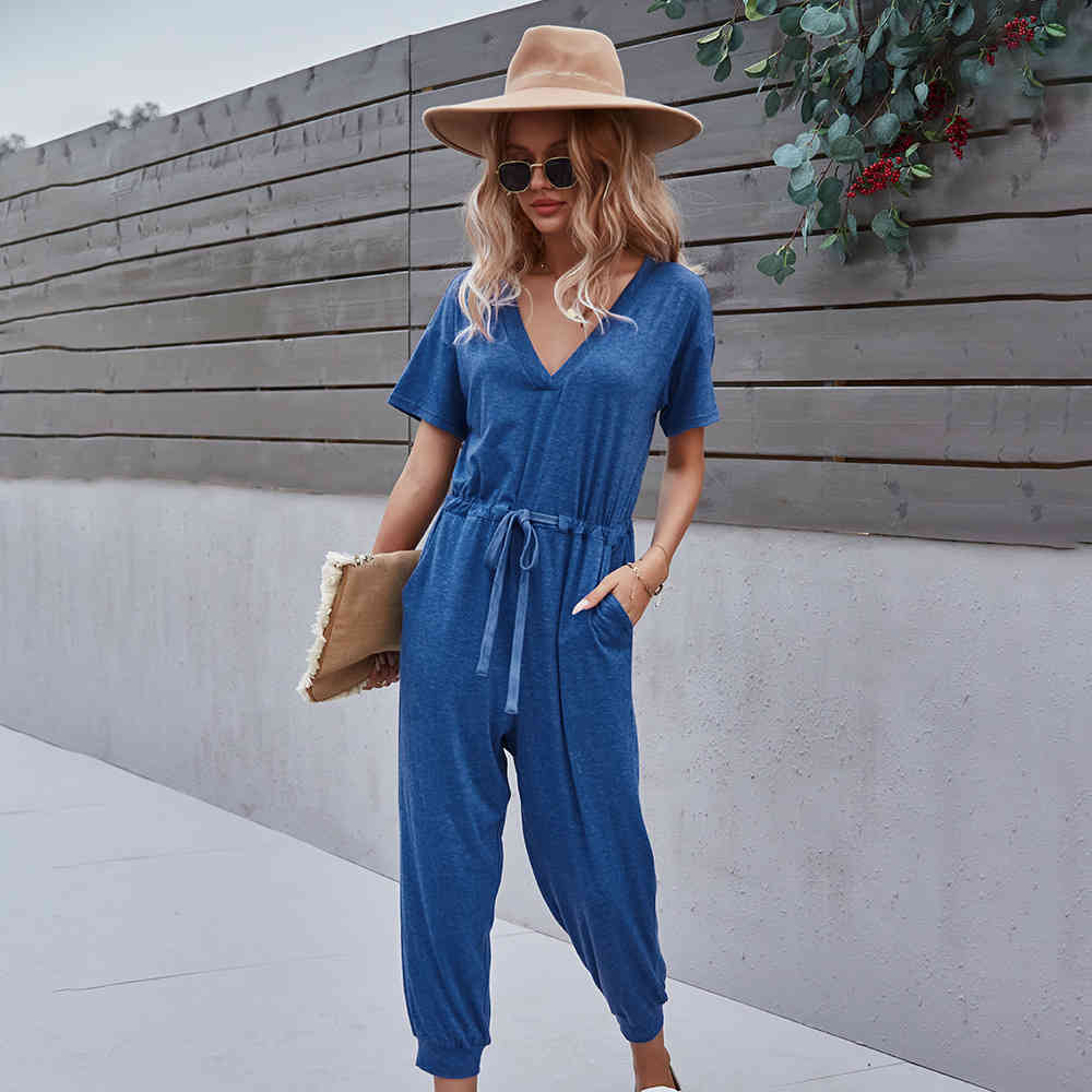women solid jumpsuits Casual V-neck short sleeve Summer female elastic waist slim summer 210524