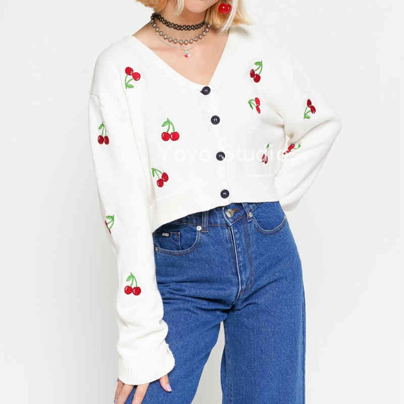Sweet Cute Kawaii Pink Cherry Embroidery Women Autumn Knitted Cardigan Tops Chic V-neck Single-breasted Sweaters 210514