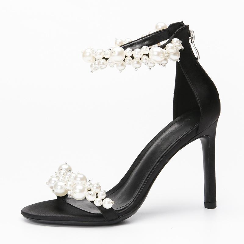 Dress Shoes Women's Pearl Strap Sandals 2021 Summer Back Zipper Round Toe All-Matching Stiletto Heel High Heels