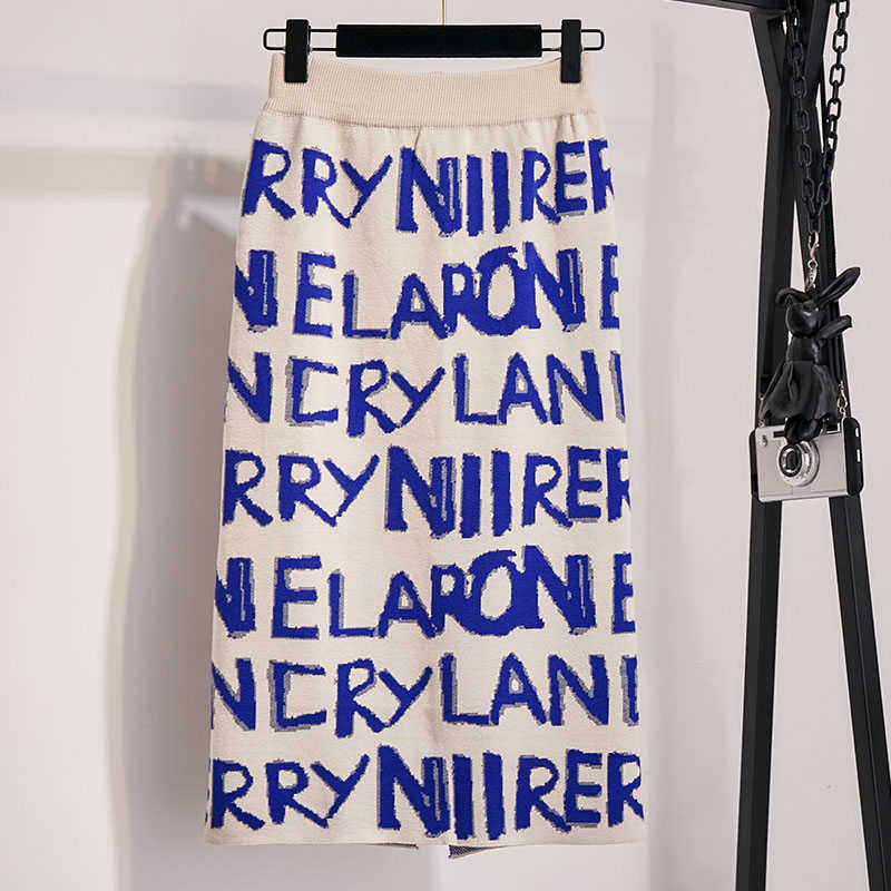 Women's Letter Knit Skirt Autumn Winter High Waist Split Straight Office Lady Long Warm Step Faldas ML297 210621