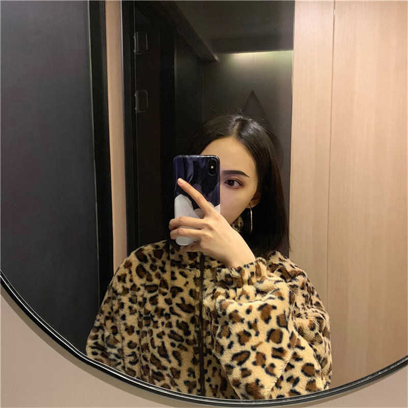 Leopard Print Loose Plush Casual Women'S Jacket Korean Style Autumn Winter Clothing Thick Warm Zipper Sweatshirt Female Coat 210619wtt
