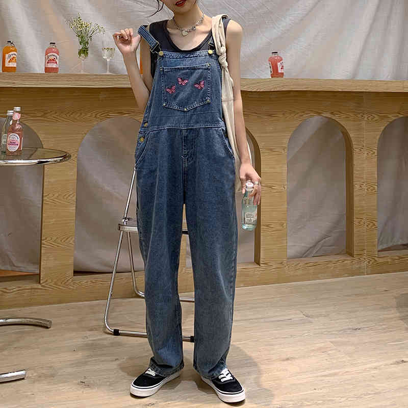 S-XL,2X,3XL,4XL korean style oversize Jumpsuit Denim Overalls Casual Girls butterfly embroidery plus size Jeans pants womens 210423