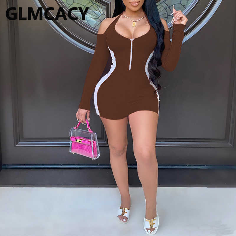 Women Long Sleeve Cold Shoulder Mini Dress Sexy Bodycon Halter Dress 210702