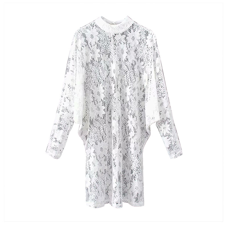 Women Lace White Dress Batwing Sleeve Two Pieces Set Mini Elegant Stand Neck Hollow Out Ladies Party es 210508